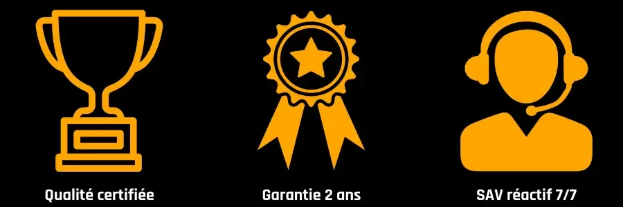 Engagement Triple Ignix : Garantie Longue, Qualité Certifiée & SAV Rapide Badge triple avantage client Ignix Gaming : Garantie 2 ans, certification qualité européenne et service après-vente réactif